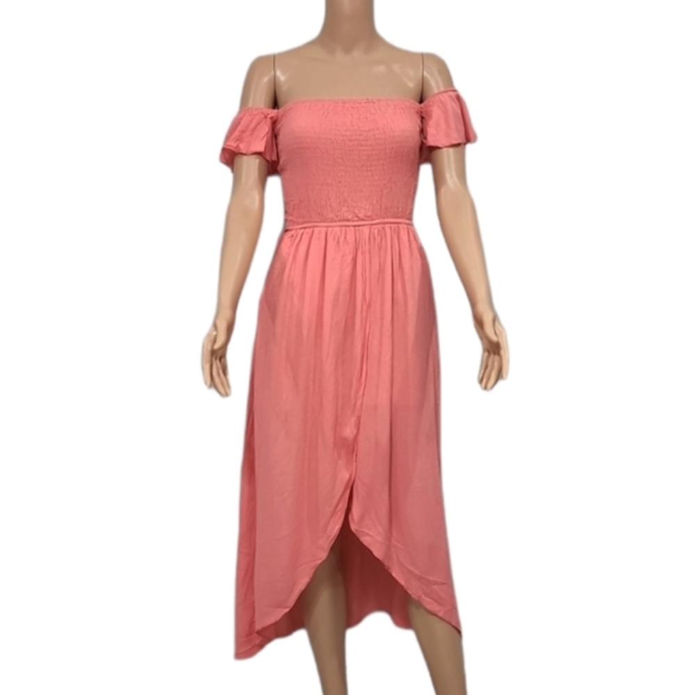SALTY LEMON OFF SHOULDER HI-LOW MAXI CORAL DRESS SIZE MEDIUM 100% VISCOSE